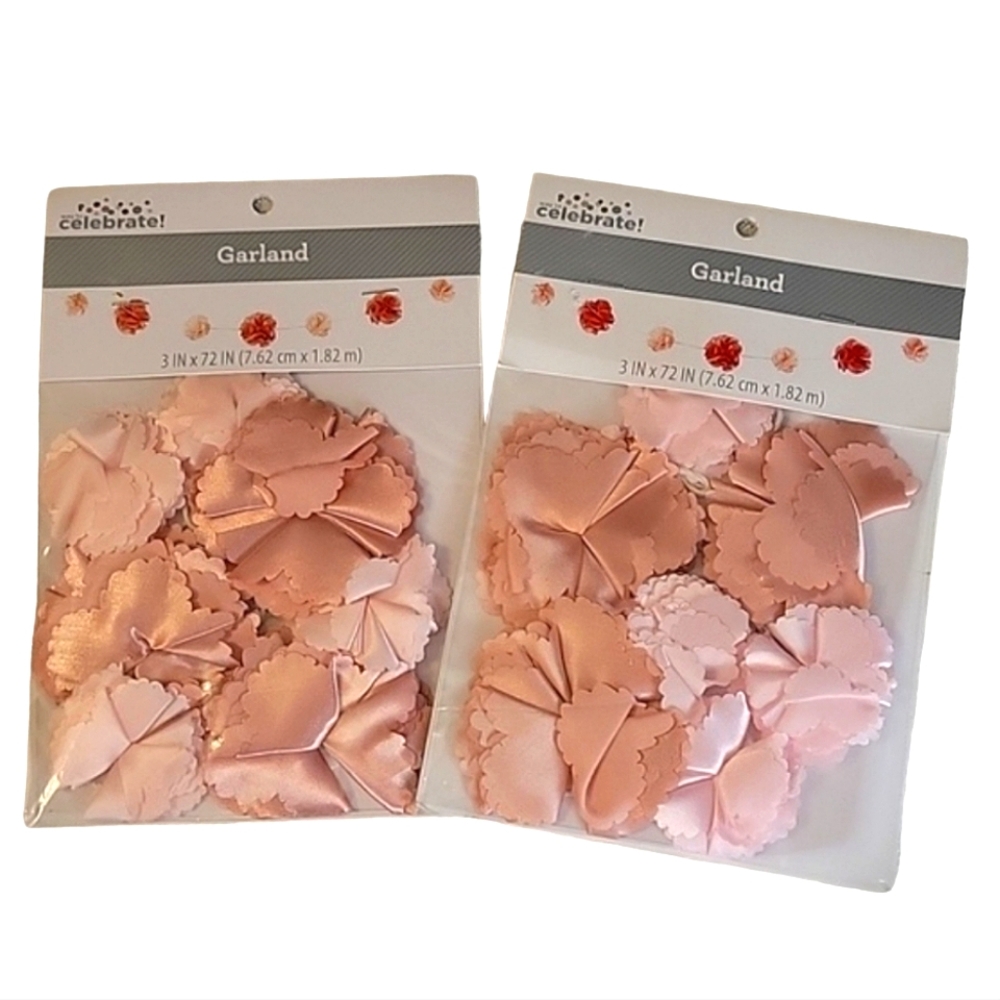 NEW - NWT Pink & Peach Satin Flower Garlands, 2 each, 6 ft long